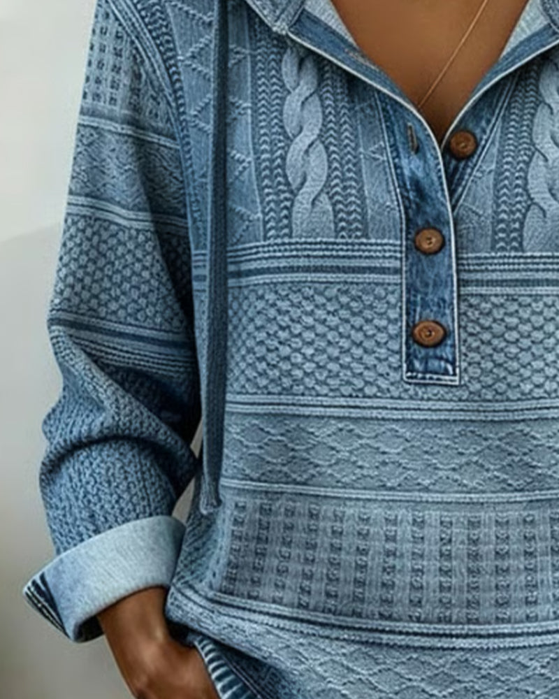 Hoodie aus Denim mit Zopfmuster und Patchwork-Details