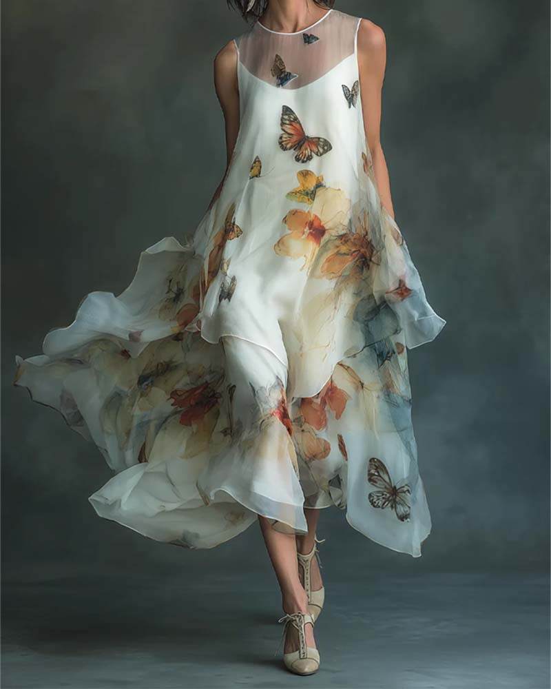 Kleid Ärmellos Schmetterling Print