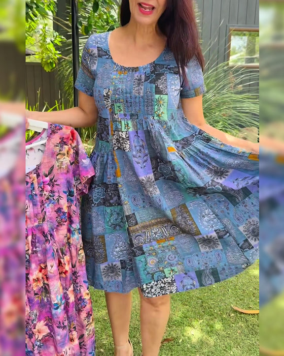 Kleid Rundhals plissiert bedruckt A-Linie