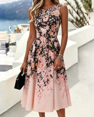 Kleid Ärmellos Rundhals Hohe Taille Bedruckt