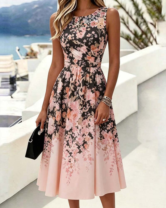 Kleid Ärmellos Rundhals Hohe Taille Bedruckt