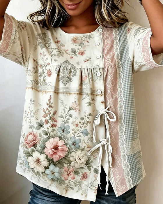 Bluse Retro Blumenprint Lässig