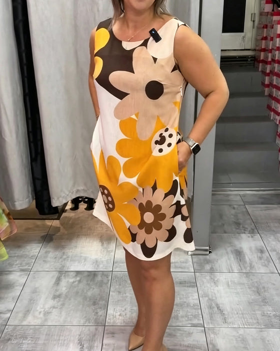 Kleid Rundhals Mit Print Ärmellos