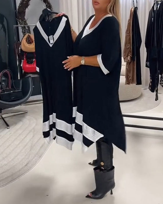 Kleid V-Ausschnitt Kurzarm Farbblock Loose Fit