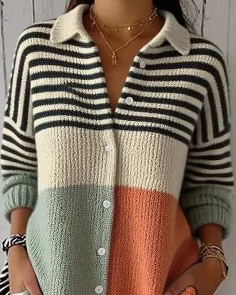 Jacke Revers Knopf Streifen Farbblock