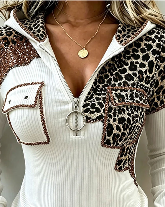 Oberteil Mit Kapuze Reißverschluss Leopard