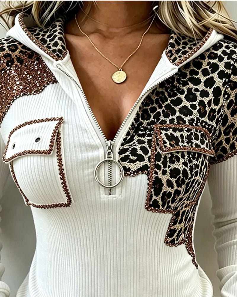 Oberteil Mit Kapuze Reißverschluss Leopard