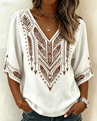 Bluse V-Ausschnitt Etnisch-Druck Locker