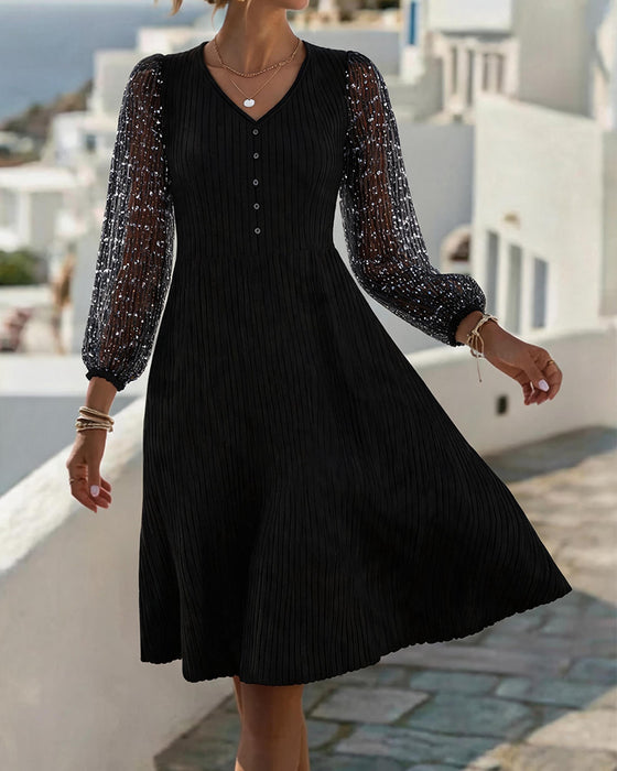 Kleid V-Ausschnitt Knopf Spitze Patchwork