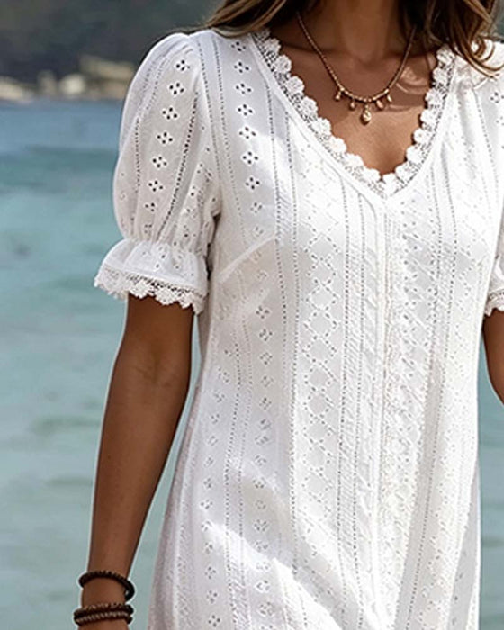 Kleid Uni V-Ausschnitt Spitze Patchwork Blasenärmel