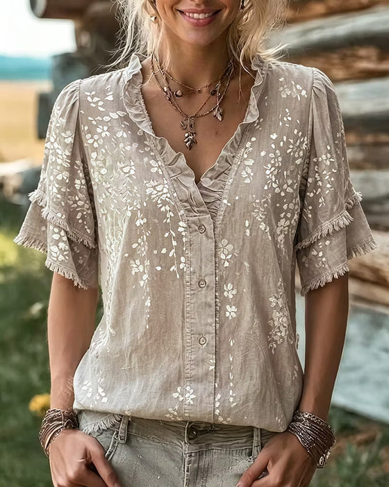 Bluse V-Ausschnitt Spitzenbesatz Franse Druck