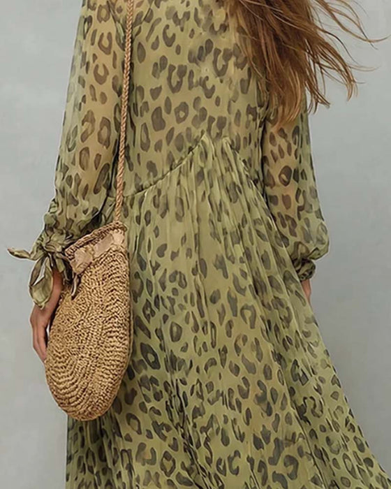 Kleid V-Ausschnitt Langarm Leopard Maxi
