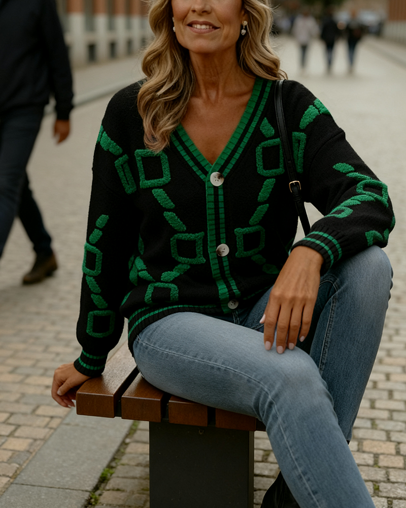 Cardigan modisch Kontrastfarbe V-Ausschnitt