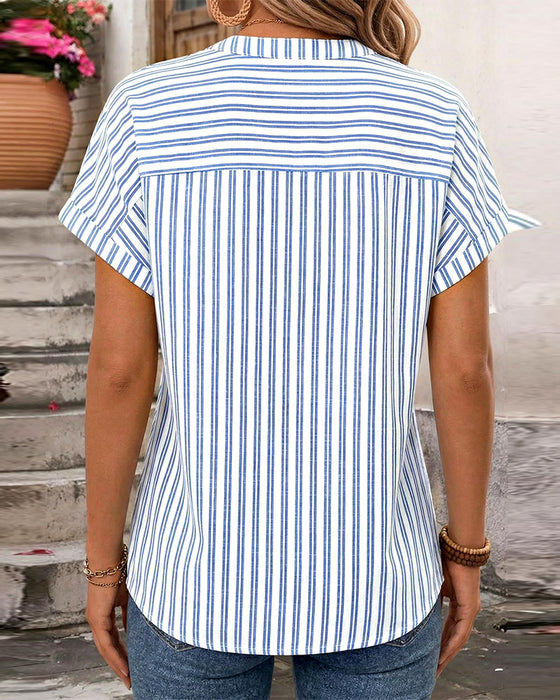 Bluse Streifen V-Ausschnitt Knopf Patchwork