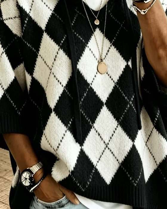 Pullover Plaid Kapuze Dreiviertelarm