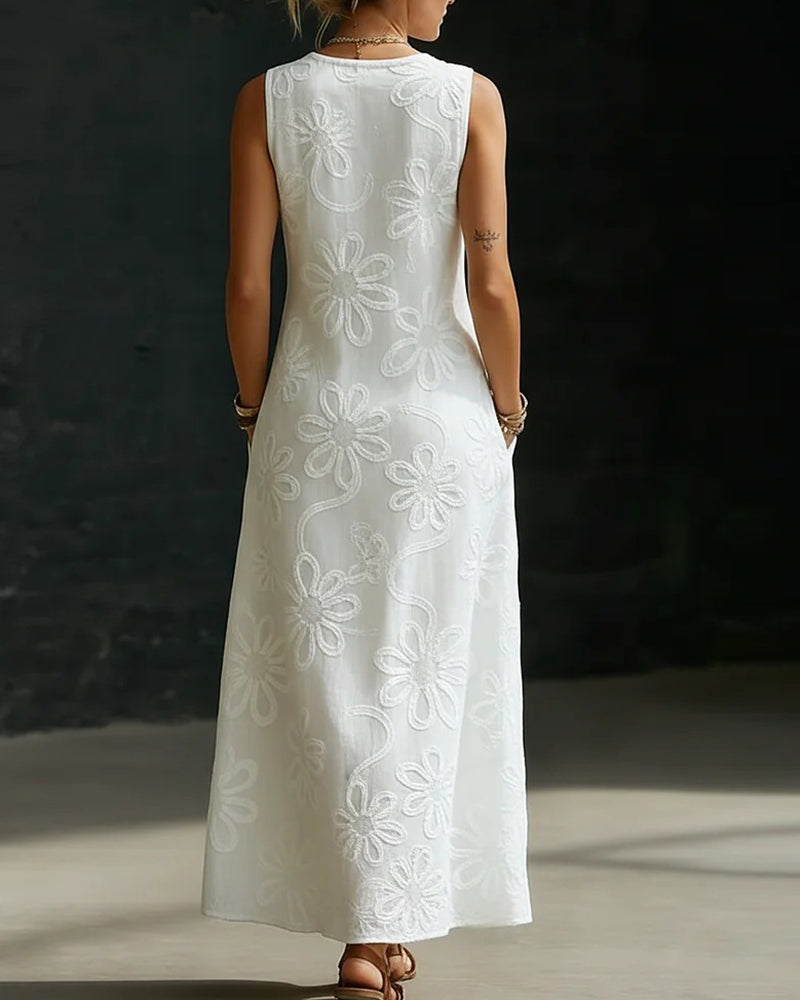 Langes Kleid V-Ausschnitt Blumenmuster Diagonaler Knopf