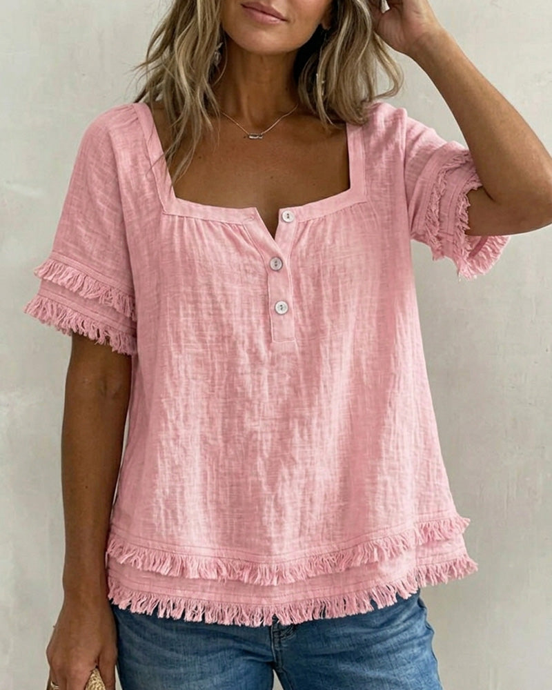 Bluse Quadratischer Ausschnitt Halbknopfleiste Franse