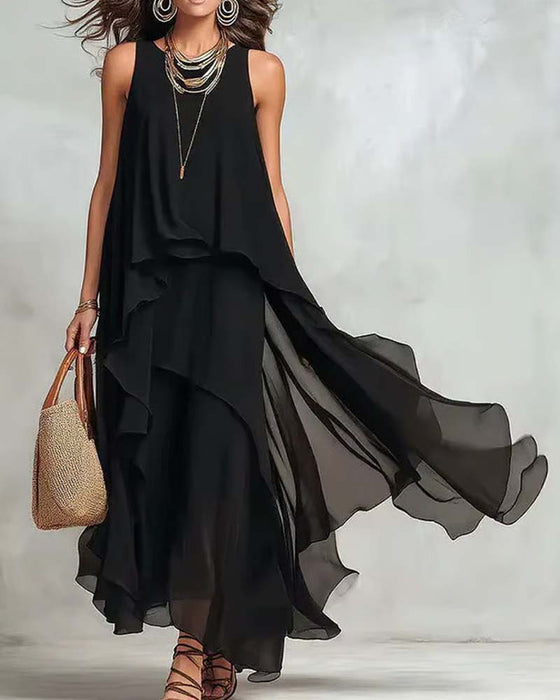 Kleid Rundhals Ärmellos Chiffon Unregelmäßig