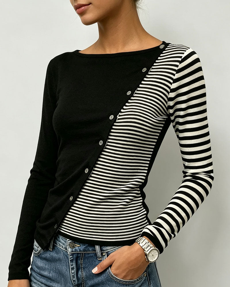 T-Shirt Kontrast Gestreift Knopf Patchwork