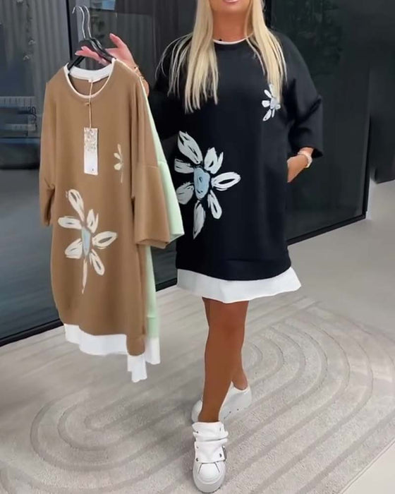 Sweatshirt-Kleid Rundhals bedruckt Patchwork