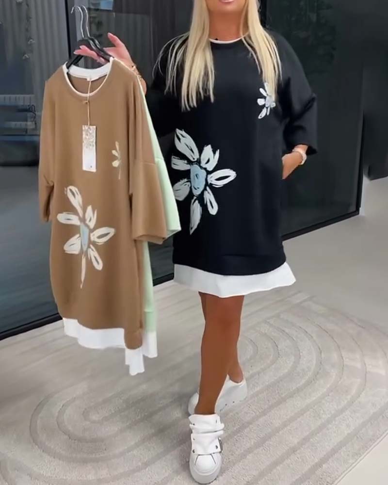 Sweatshirt-Kleid Rundhals bedruckt Patchwork