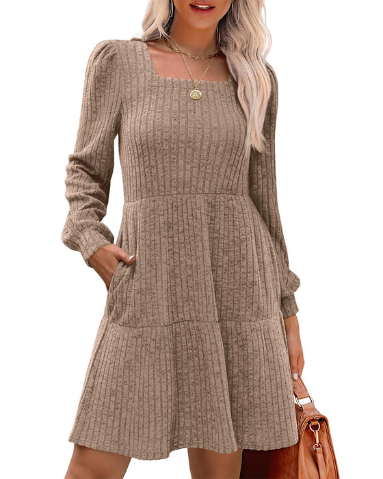 🍂2025 Herbst Neue Kollektion⏰ Damenkleid mit Quadrat-Ausschnitt, Laternenärmeln und Rippstruktur