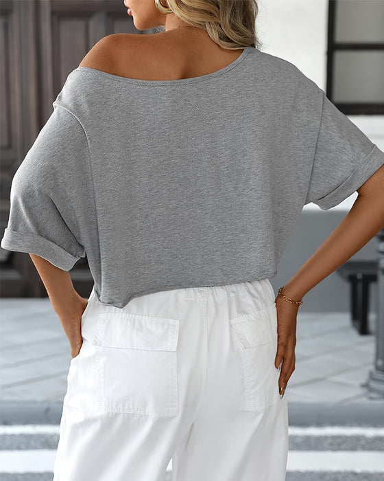 T-Shirts Off-Shoulder Asymmetrisch Zerrissen Umschlagsaum