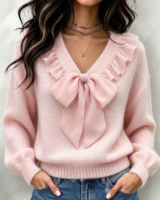 V-Ausschnitt Einfarbiger Langarm-Pullover Mit Schleifendetail