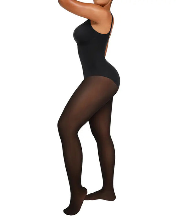 Transparentes Panel Mit Fleece-Gefütterter Strumpfhose Stay-Warm Bauchkontrolle Sheer-Effekt Strumpfhose Bodysuit Schwarz Basic