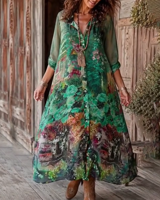 Kleid Hemdkragen Schlitz Blumen
