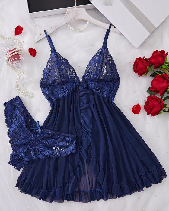 Cami Nachthemd & Schleifen-Deko Slip Set Damen Sexy Rüschenbesatz Spitze