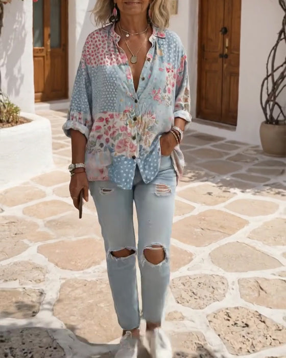 Hemd mit kleinem Blumenmuster und Stehkragen