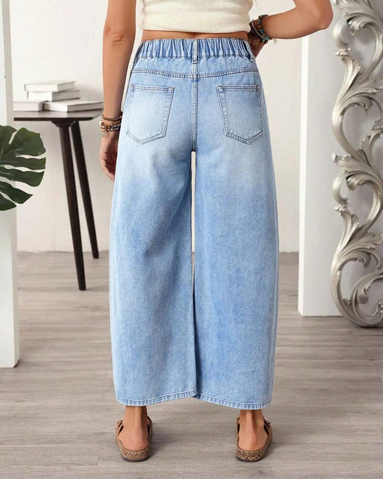 Jeans Denim Elastische Taille Weites Bein Cropped