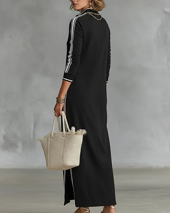 Kleid Kontrast Knopf V-Ausschnitt