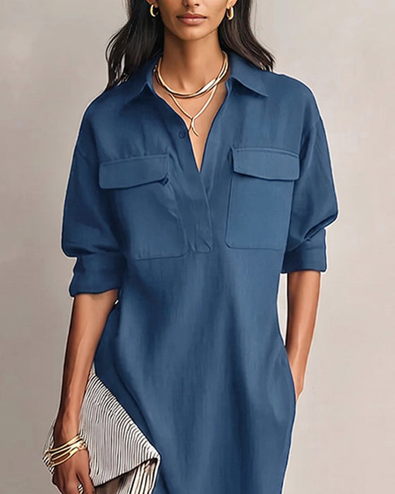 Kleid Unifarben Reverskragen Casual