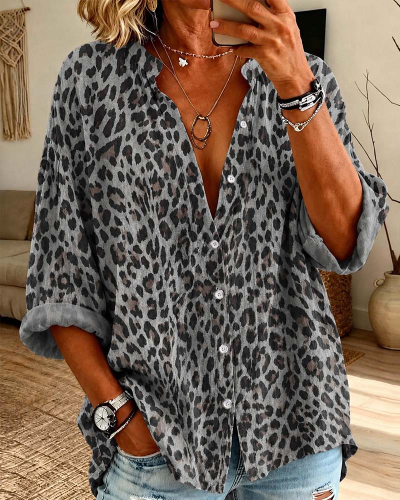 Hemd V-Ausschnitt Knopf Leopard Langarm