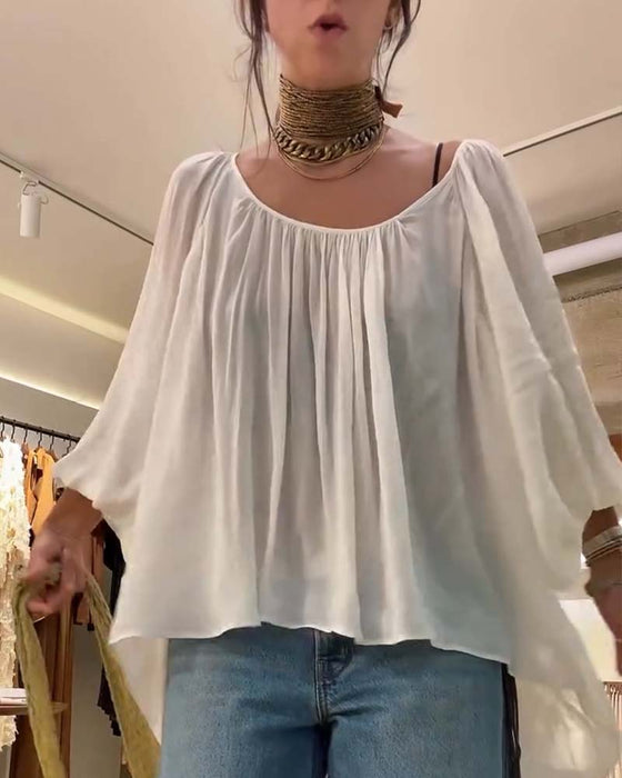 Bluse Puff Laternenärmel Gerafft Rundhals