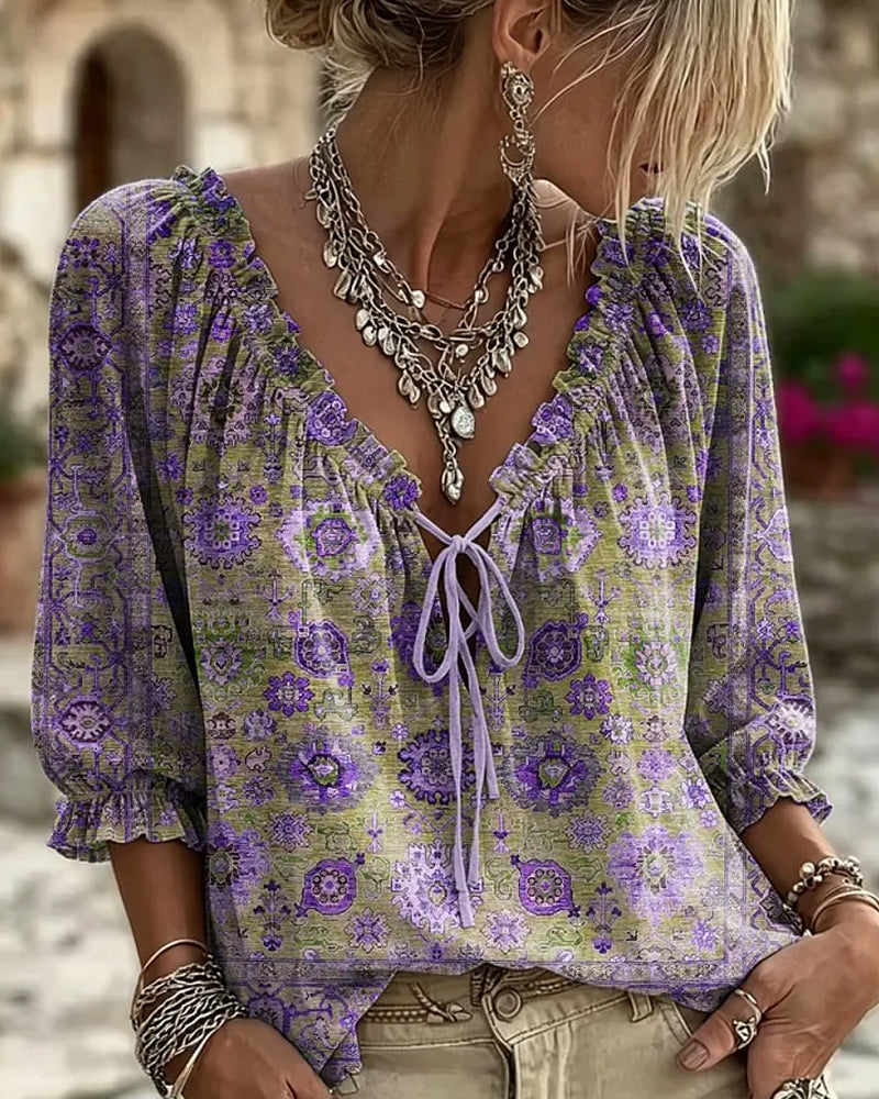 Bluse V-Ausschnitt Bindung Vintage Print