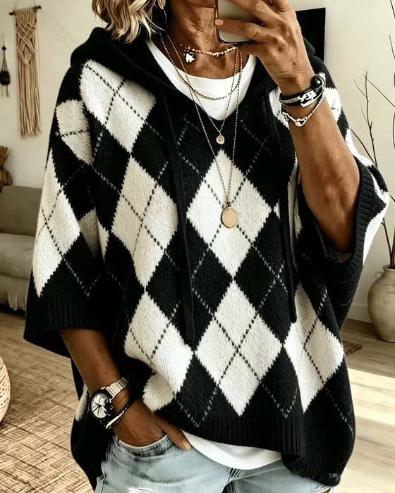 Pullover Plaid Kapuze Dreiviertelarm