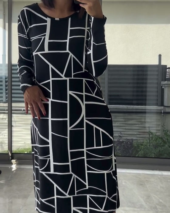 Lässiges Kleid mit Aufdruck, lange Ärmel, Rundhalsausschnitt
