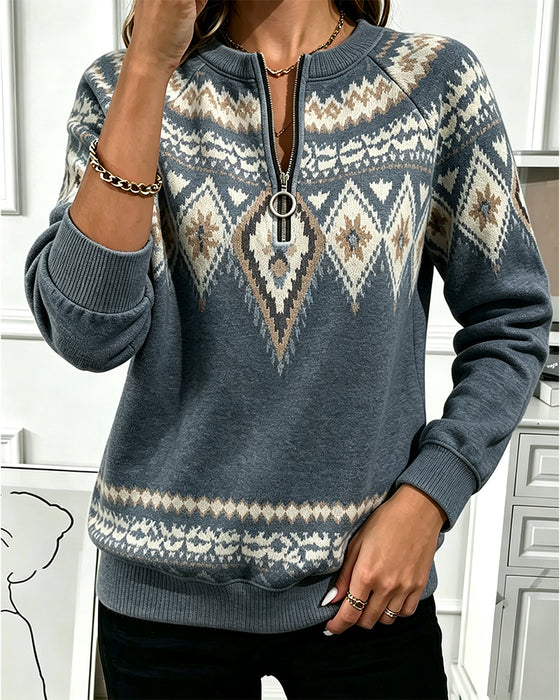 Sweatshirt Reißverschluss Bedruckt Langarm