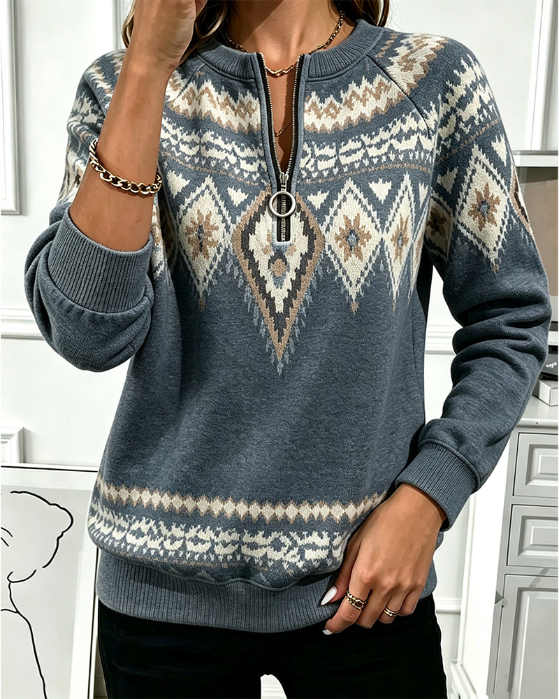 Sweatshirt Reißverschluss Bedruckt Langarm