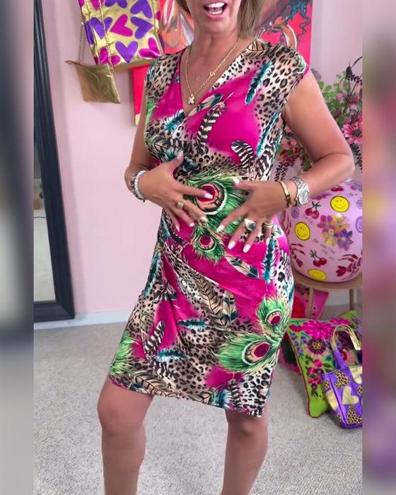 Kleid V-Ausschnitt Wickeloptik Leopardenmuster