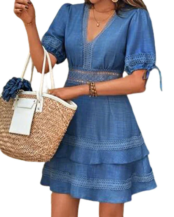 Kleid V-Ausschnitt Gestuft Einfarbig Spitze Patchwork