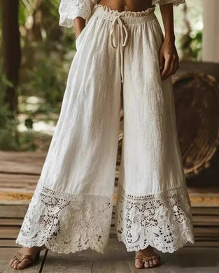 Hose Elastische Taille Kordelzug Spitze Patchwork Weites Bein