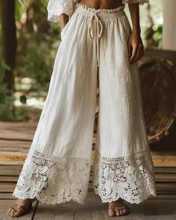 Hose Elastische Taille Kordelzug Spitze Patchwork Weites Bein