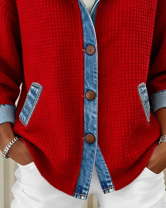 Mantel Kapuze Knopf Denim Patchwork