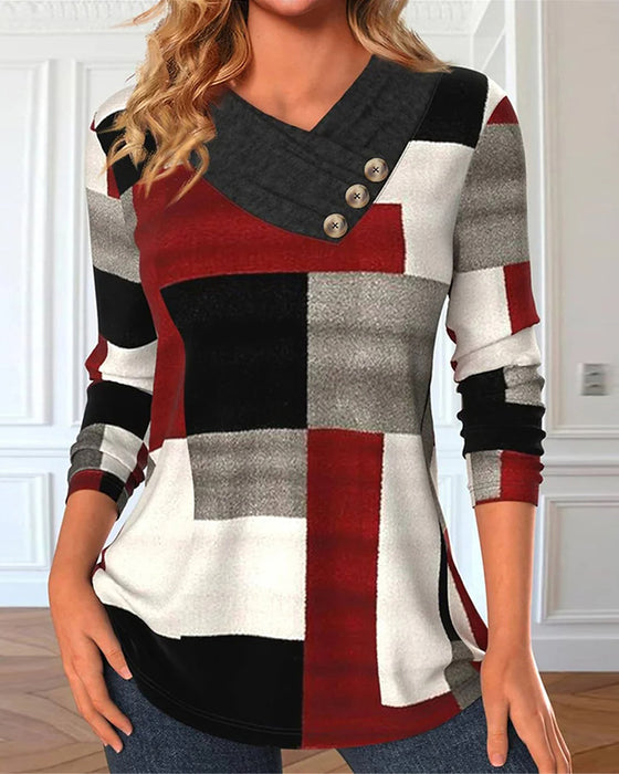 Colorblock-Top Mit V-Ausschnitt Und Langen ärmeln