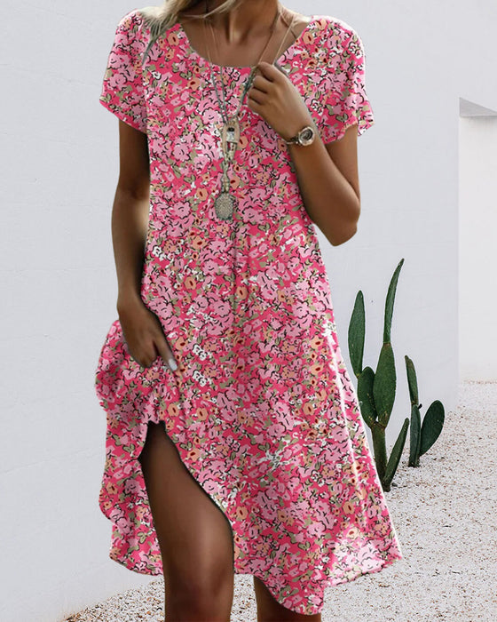 Kleid Rundhals Kurzarm Blumenmuster