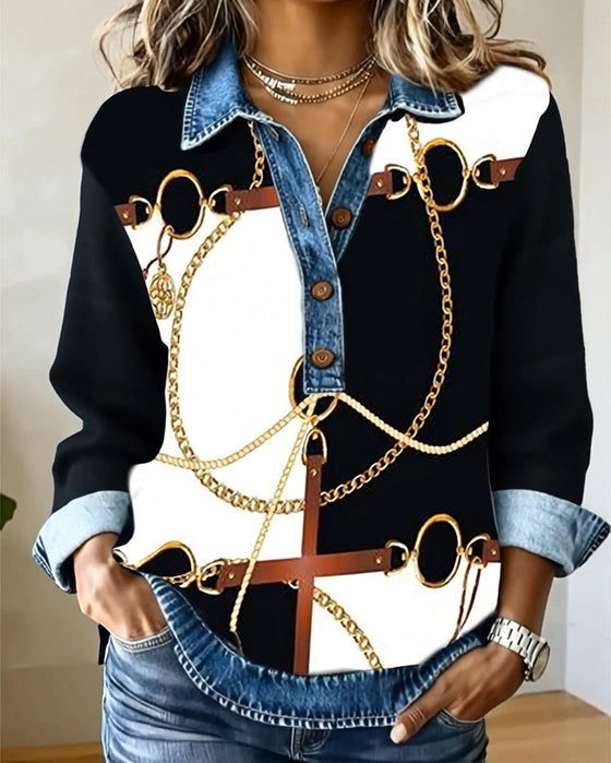 Sweatshirt Denim Patchwork Kettenprint